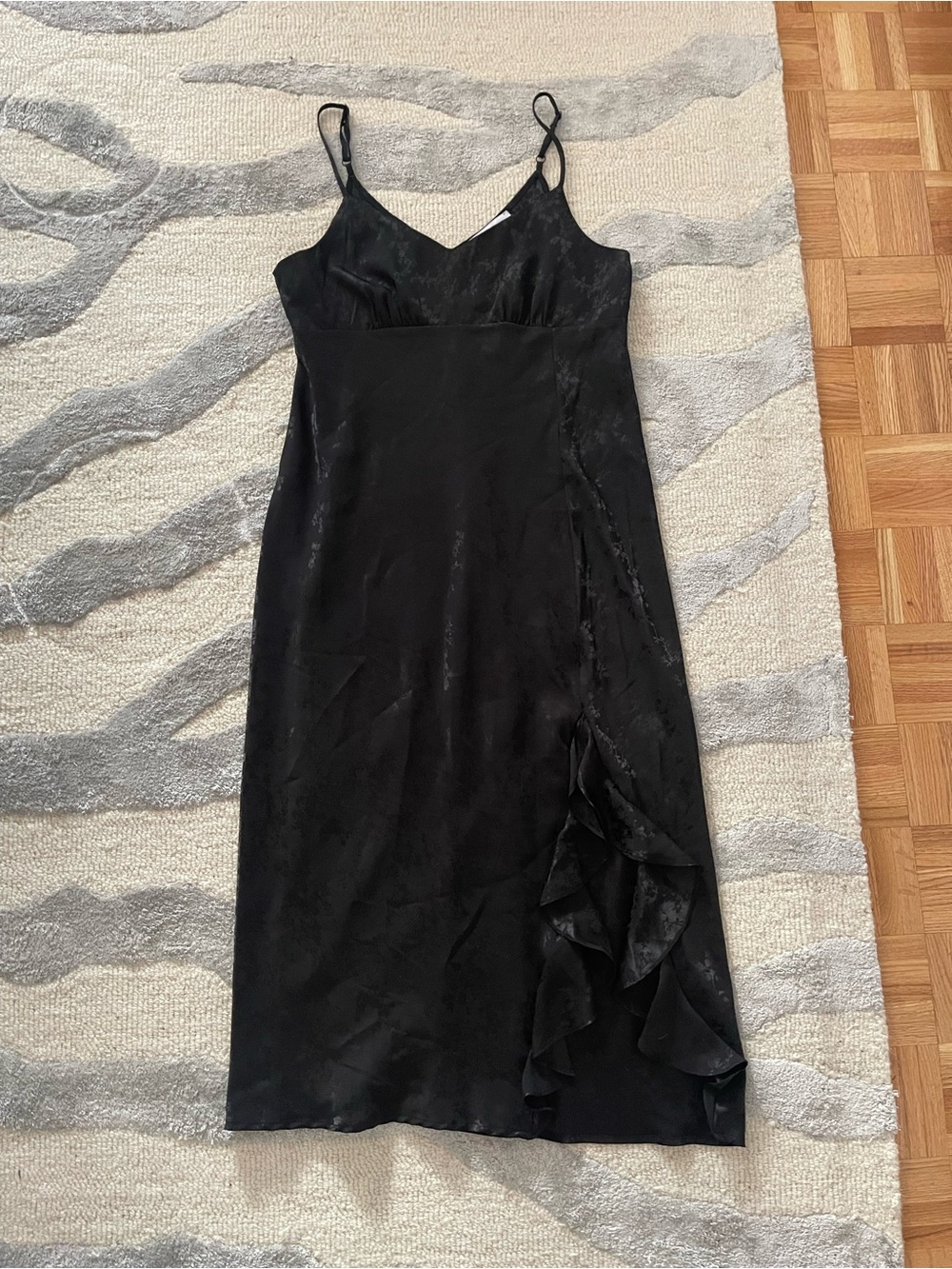 Emma & Michele Black Satin Midi Slip Dress with Side Ruffle